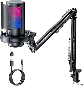 QIUOIO Microfono pc Gaming RGB: Micro Streaming para pc - Microfono Gaming con Brazo - Micrófono USB para Podcast - Microphone Gamer - Microfono con Ajustar El Volumen - Mute Touch