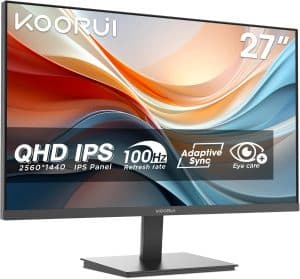 KOORUI E2721F Monitor QHD 27" IPS, 100Hz, MPRT 1ms, Pantalla Ultra Fina y Ligera (2560x1440, 99% SRGB, 95% DCI-P3, HDR10, HDMI 1.4 / DP 1.4, Adaptive Sync, Eye Care, Inclinable, VESA)