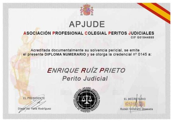 Diploma de Perito judicial de ENRIQUE RUIZ PRIETO
