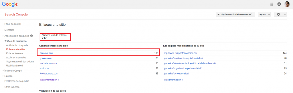 La consola de Google webmaster donde se muestra la cantidad de enlaces obtenidos de Pintersest